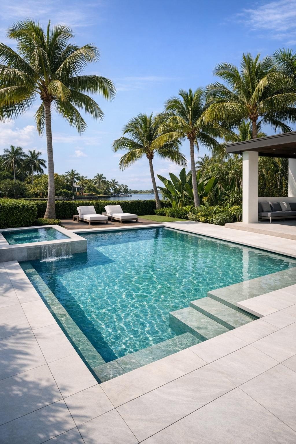 a completed pool with palm trees